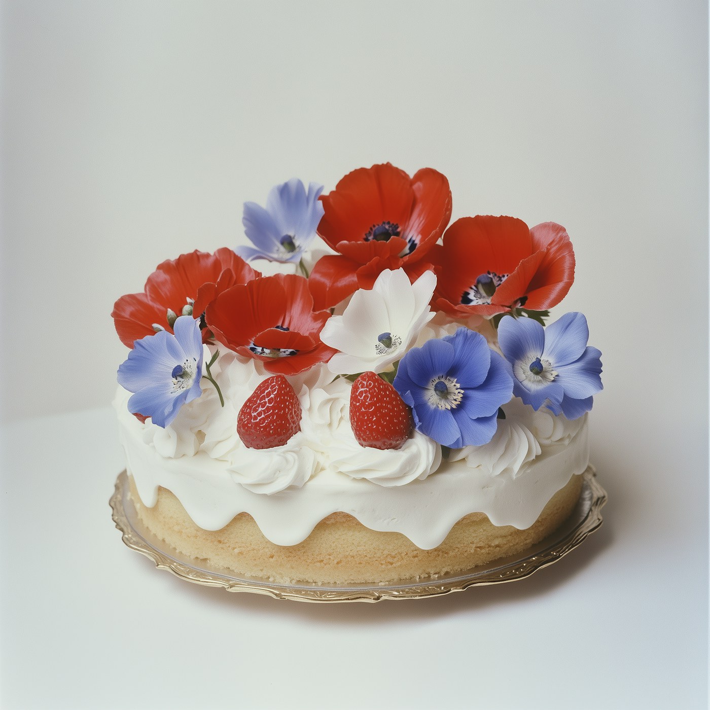 Layered celebration cake topped with fresh berries and flowers