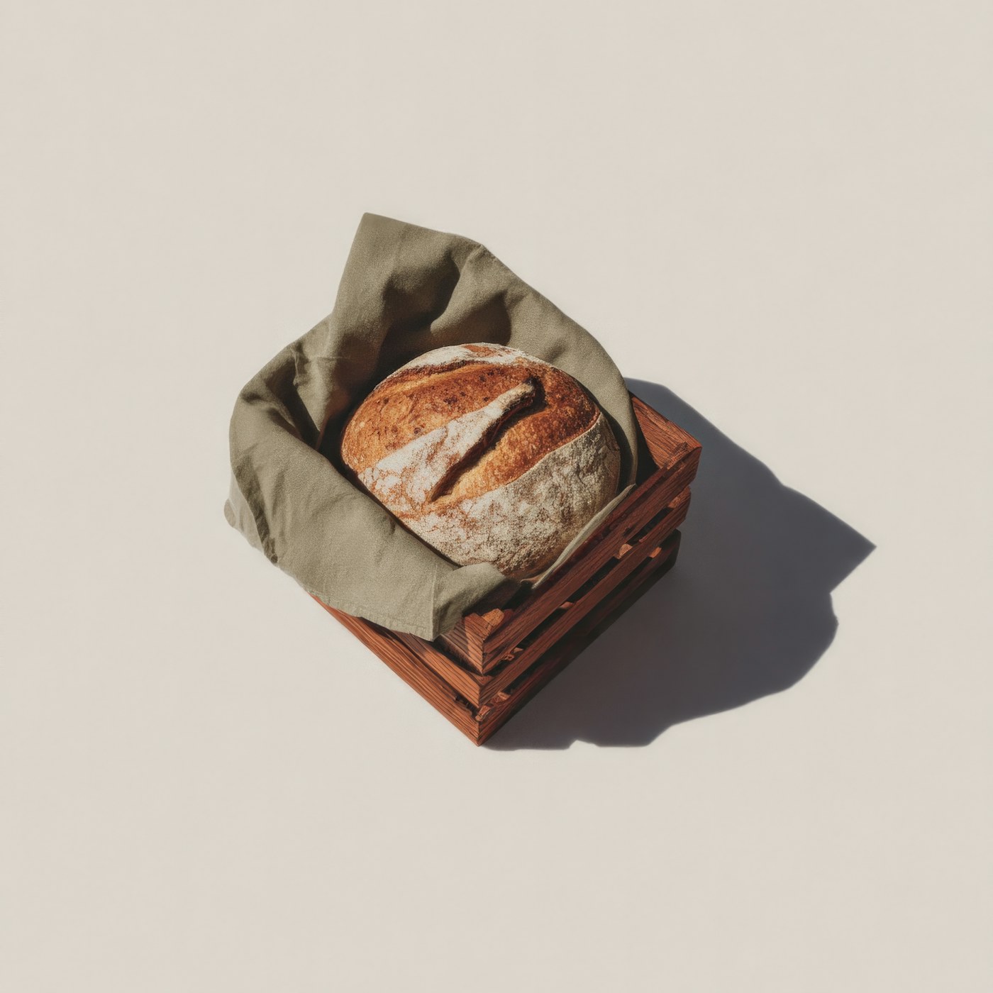 Sliced rustic sourdough loaf resting in a wooden crate